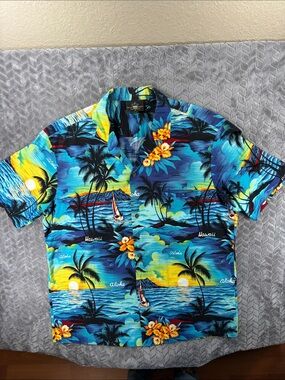 EUC Royal Creations Tropical Blue Hawaiian Print SS Button-Down Shirt Hawaii XL